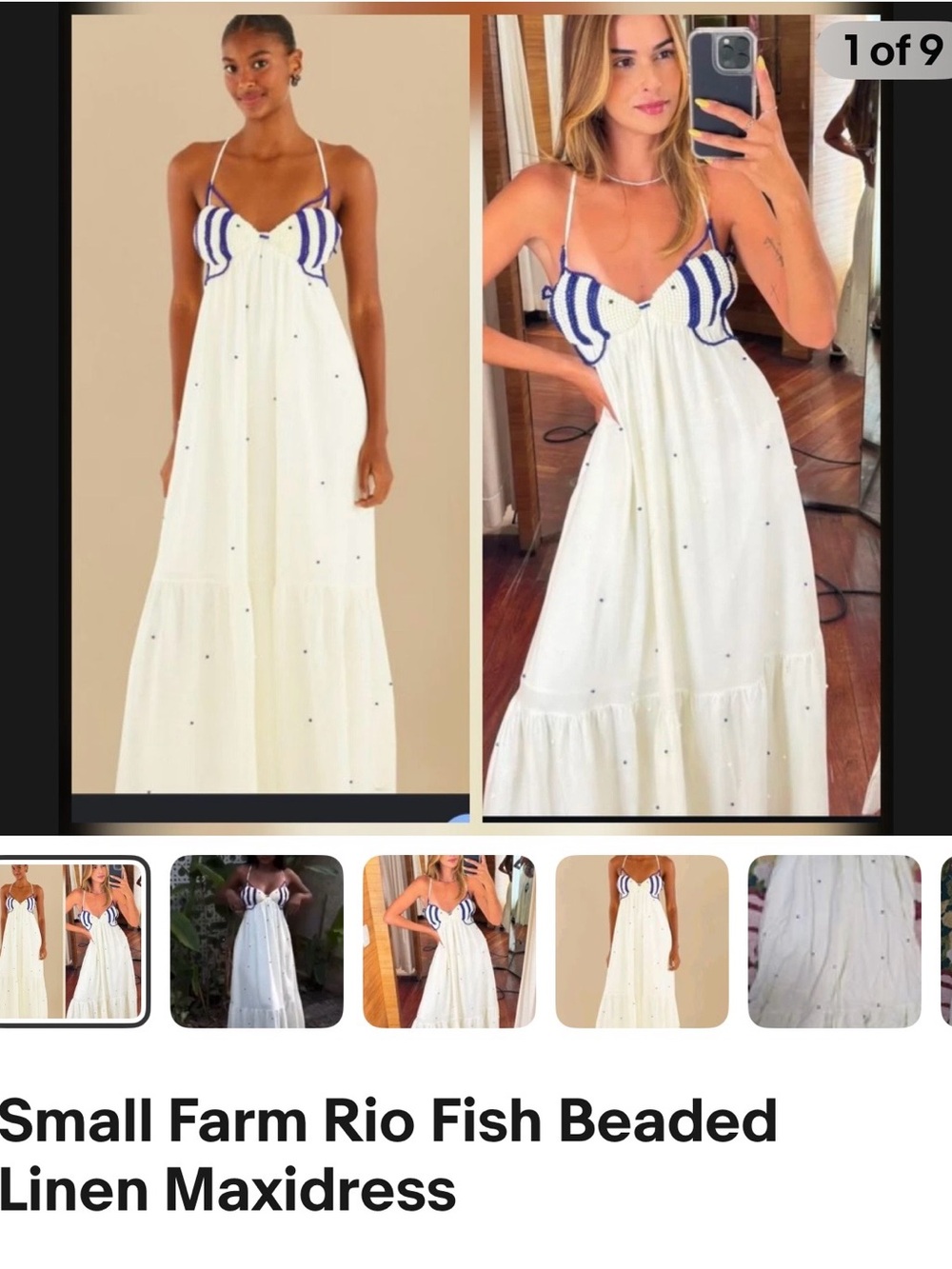 FARM Rio White Linen Maxi Dress with Blue Beaded Bodice